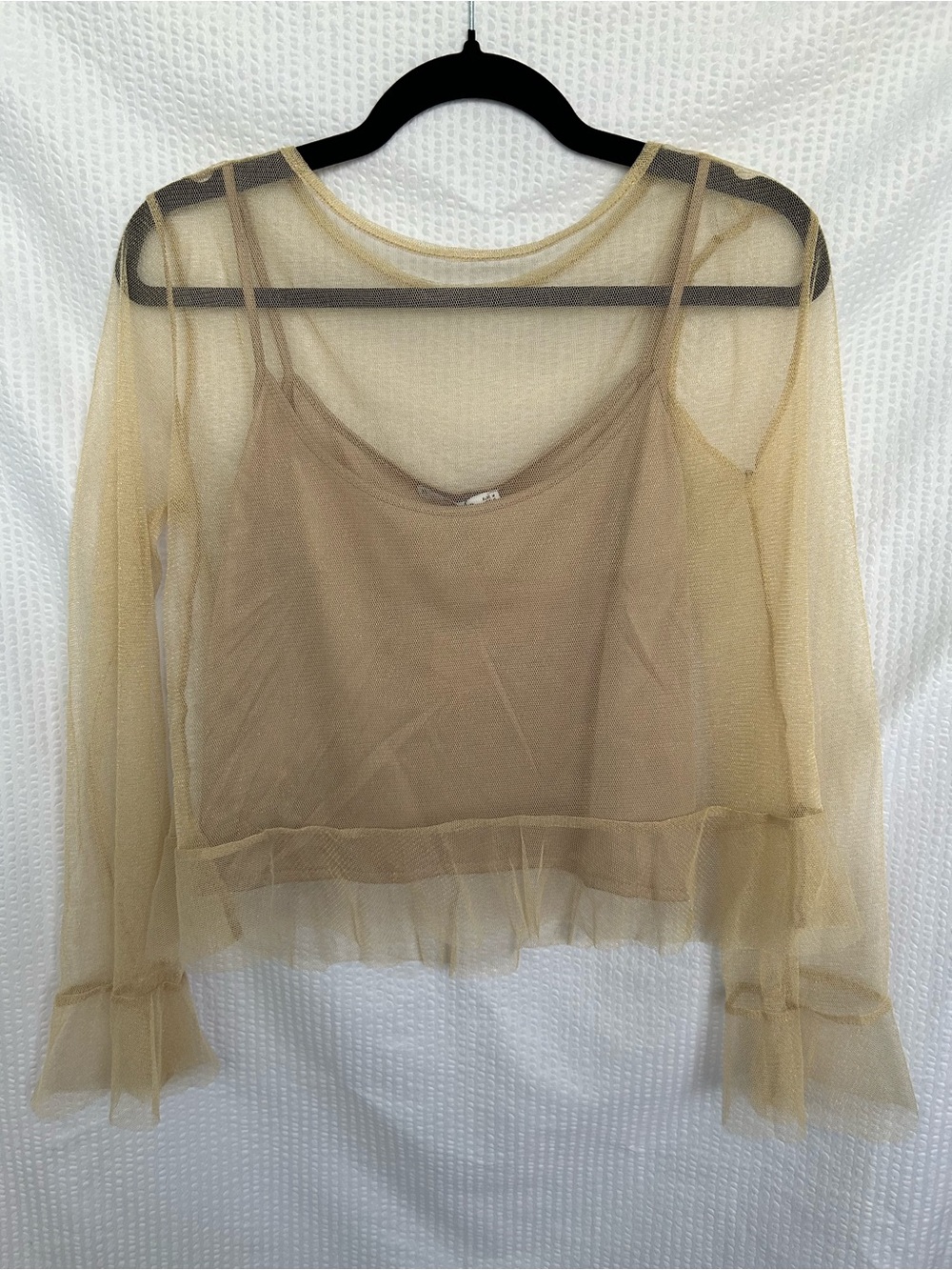 NWT Mango Tan Gold Glitter Sheer Tulle Mesh Ruffle Long Sleeve Cami Top Size S